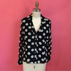 Charming SILK BossBabe Polka Dot Collared Long Sleeve Flowy Blouse 8P